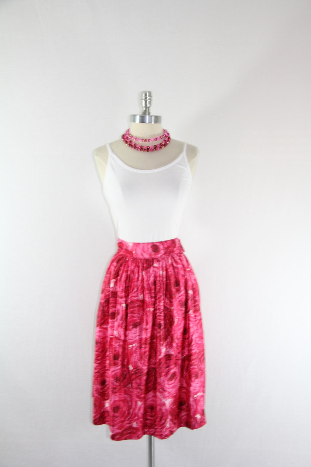 1950's Skirt - Vintage Polished Cotton Novelty Print  Shades of Pink Watercolor Floral