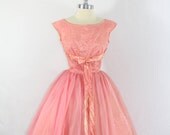 1950's Party Dress - Vintage Honeysuckle Chiffon and Lace and Satin Party Prom Wedding Frock