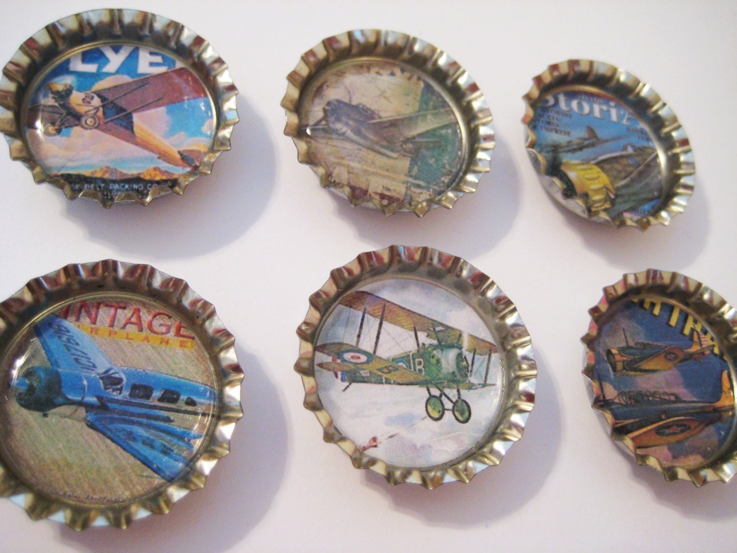 Bottlecap magnets, vintage aircraft, military planes, set of 6