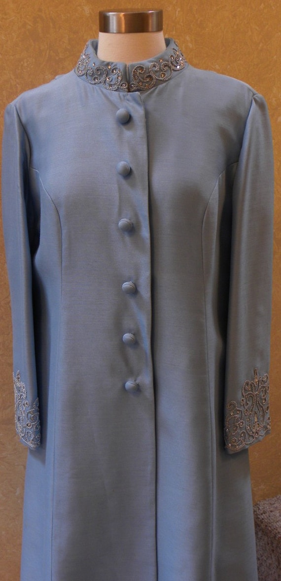 SPRING SALE Vintage 1960s Dress Coat -- Robin Egg Blue Rayon Silk Rhinestone Embellished Fashionista Dress Coat-38 Bust-40 Waist-48 Hip