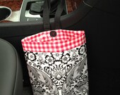 Car Trash Bag OILCLOTH BLACK TOILE and Red Gingham, Women, Car Litter Bag, Car Accessories, Auto Bag, Trash Bag, Car Organizer