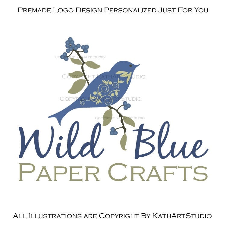 Premade Business Logo Design Floral Tree Branch Blue Berries Birdie Logo 75 Wild Blue