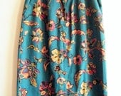 80s pencil skirt // DIGITAL FLORAL PRINT teal high waist skirt // xl size 13 / 14