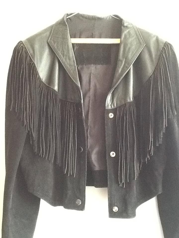 80s cropped fringe leather jacket / black leather and suede western / biker style, size l