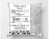 Decorative Throw Pillow 20x20 The Hat - 19th century newspaper ad - home decor