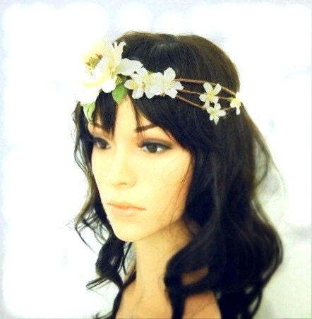Elise- White wild rose tiara with apple blossoms bridal