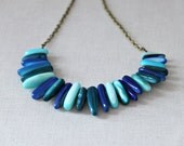 Blue Ombre Necklace Indigo, Teal, Aqua, Brass Gradient Color Shell Nautical Fashion, Seabreeze