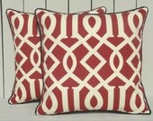 Red imperial trellis pillow, red outdoor pillow 18x18, imperial trellis outdoor pillow, red outdoor cushion, pillow with accent piping