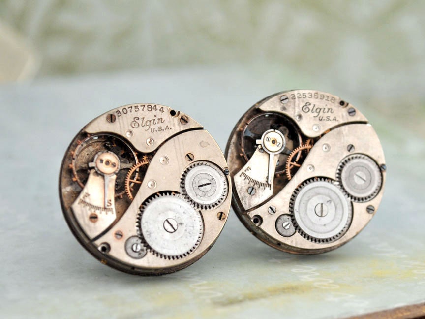 steampunk cufflinks - TIME PIECES - year 1919 and 1927 Elgin watch movement cuff links