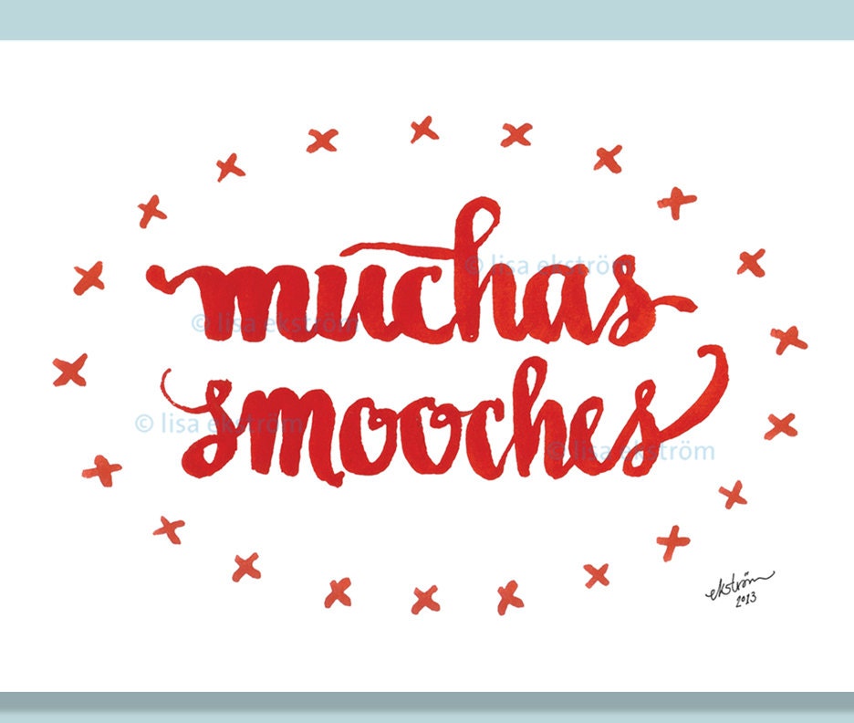 instant printable card pdf - muchas smooches - hand-painted love - xoxo