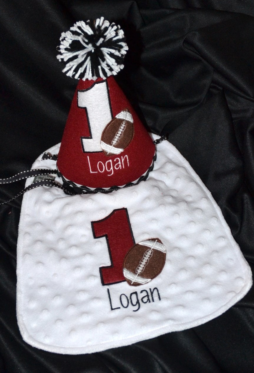 1st Birthday hat and bib set Football number 1 and name personalized