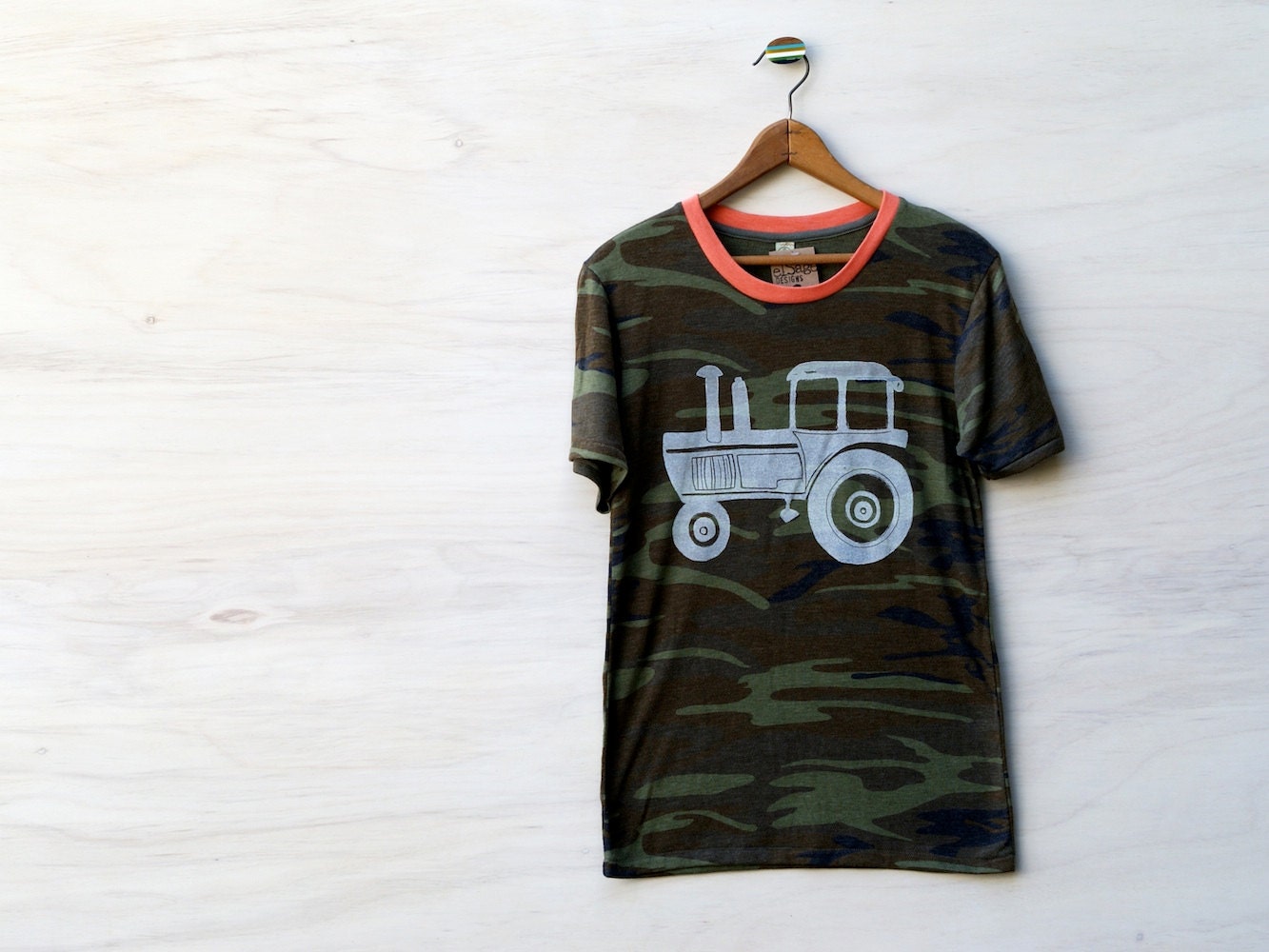 Camo Tractor Tee, block printed by hand, eco friendly