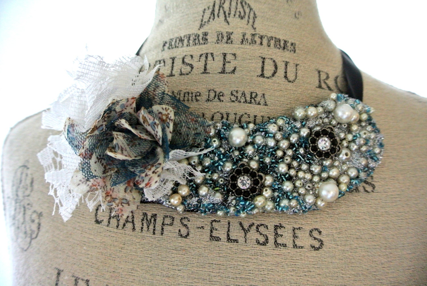Spring bib necklace, shabby Easter jewelry, Romantic statement necklace, women's, flower choker, beaded collar, blue, lace
