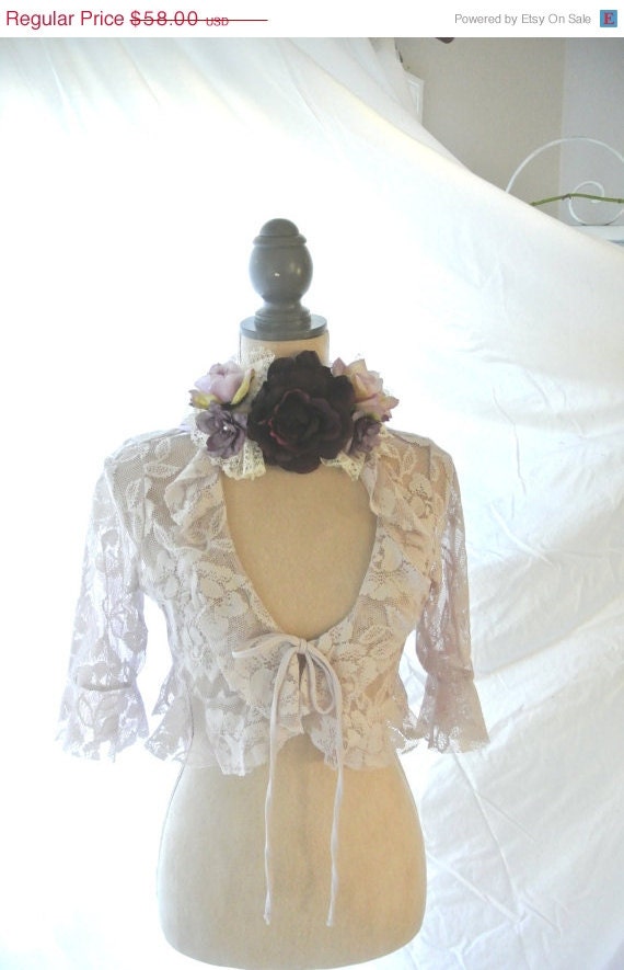 Memorial Day Sale Lace shrug, boho top, shabby lilac capelet, gypsy cowgirl, women's altered clothing, romantic country chic, true rebel cl