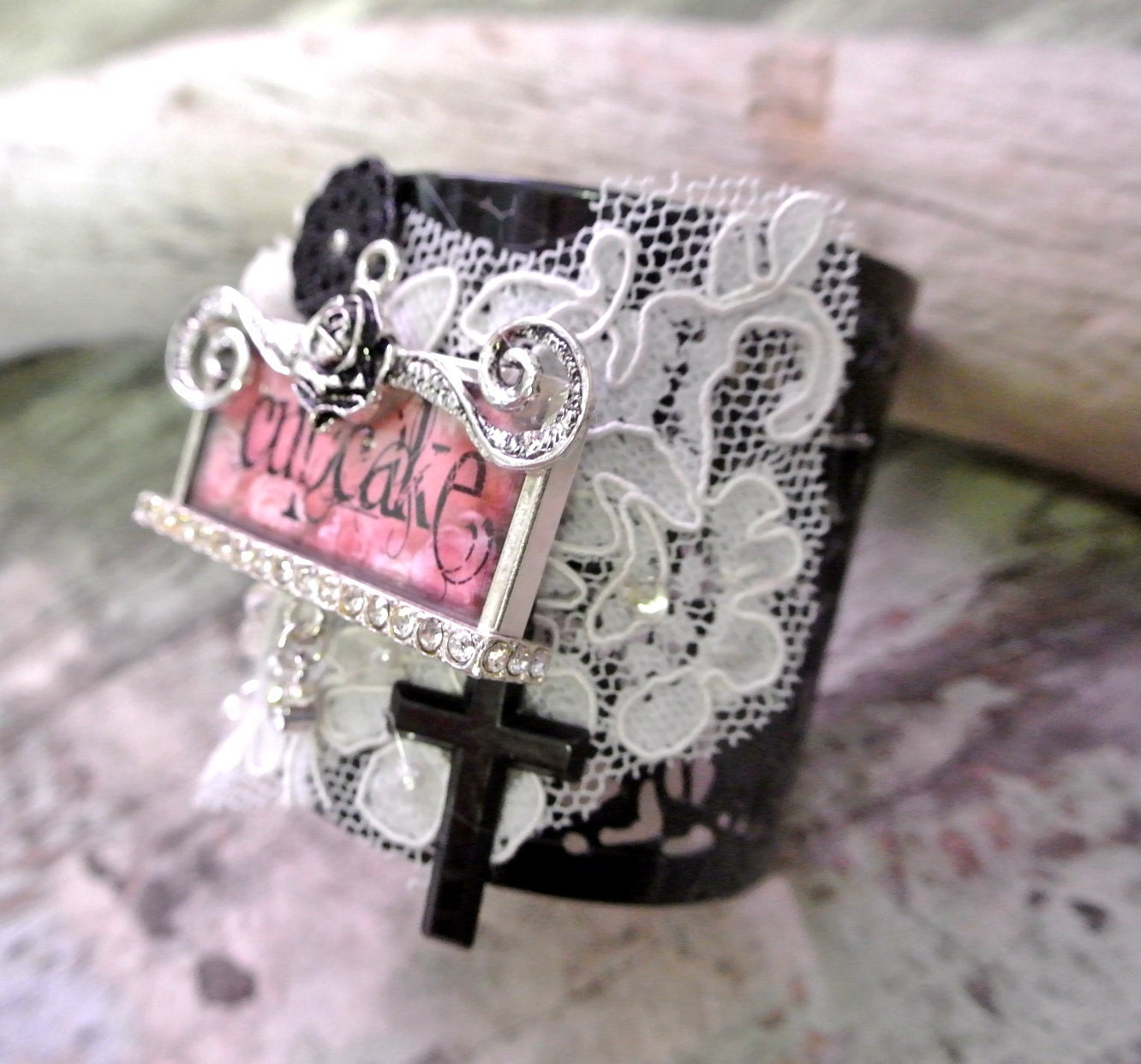 Embellished cuff, gypsy cowgirl glam bracelet, cupcake charm, cross, boho jewelry, bohemian bangle, Black cuff, True rebel clothing