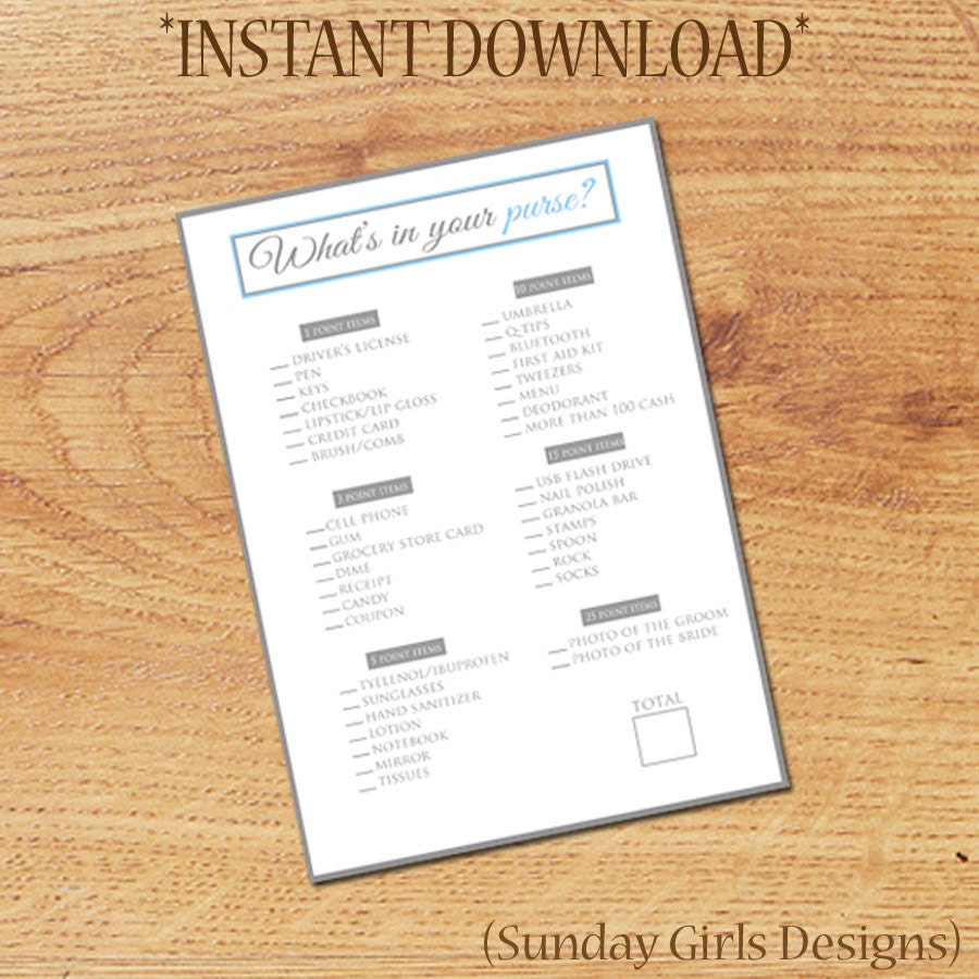 INSTANT DOWNLOAD - What's In Your Purse Bridal Shower Game