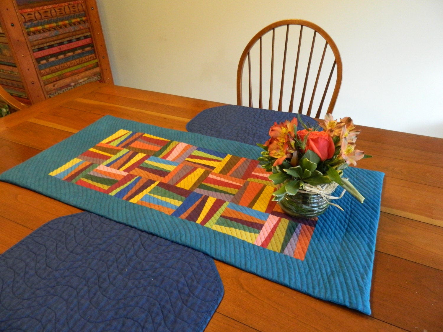 Blue Quilted Table Runner with Striped Blocks - Red, Gold, Green, Purple