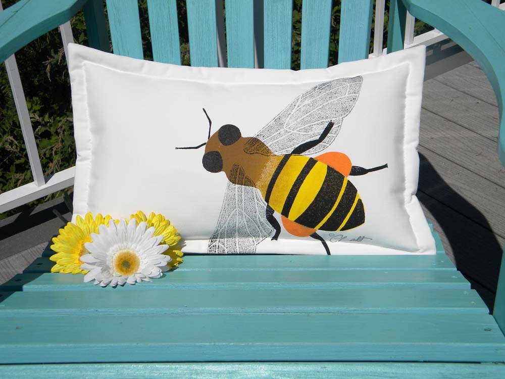 Honey bee pillow 15"x20" rectangular painted indoor outdoor queen hive gardening pollen drone beekeeping Crabby Chris Original