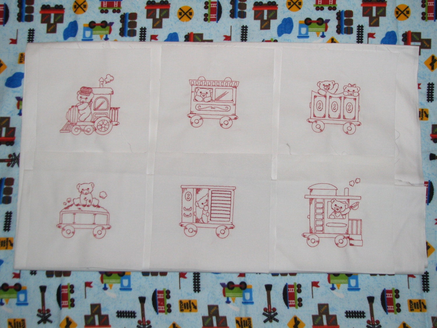 Teddy Bear Train Quilt Blocks / Machine Embroidered Quilt Blocks