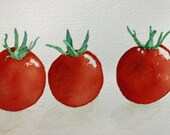 Fresh - three red tomatoes watercolor, vegetables, kitchen art, green, produce, salad