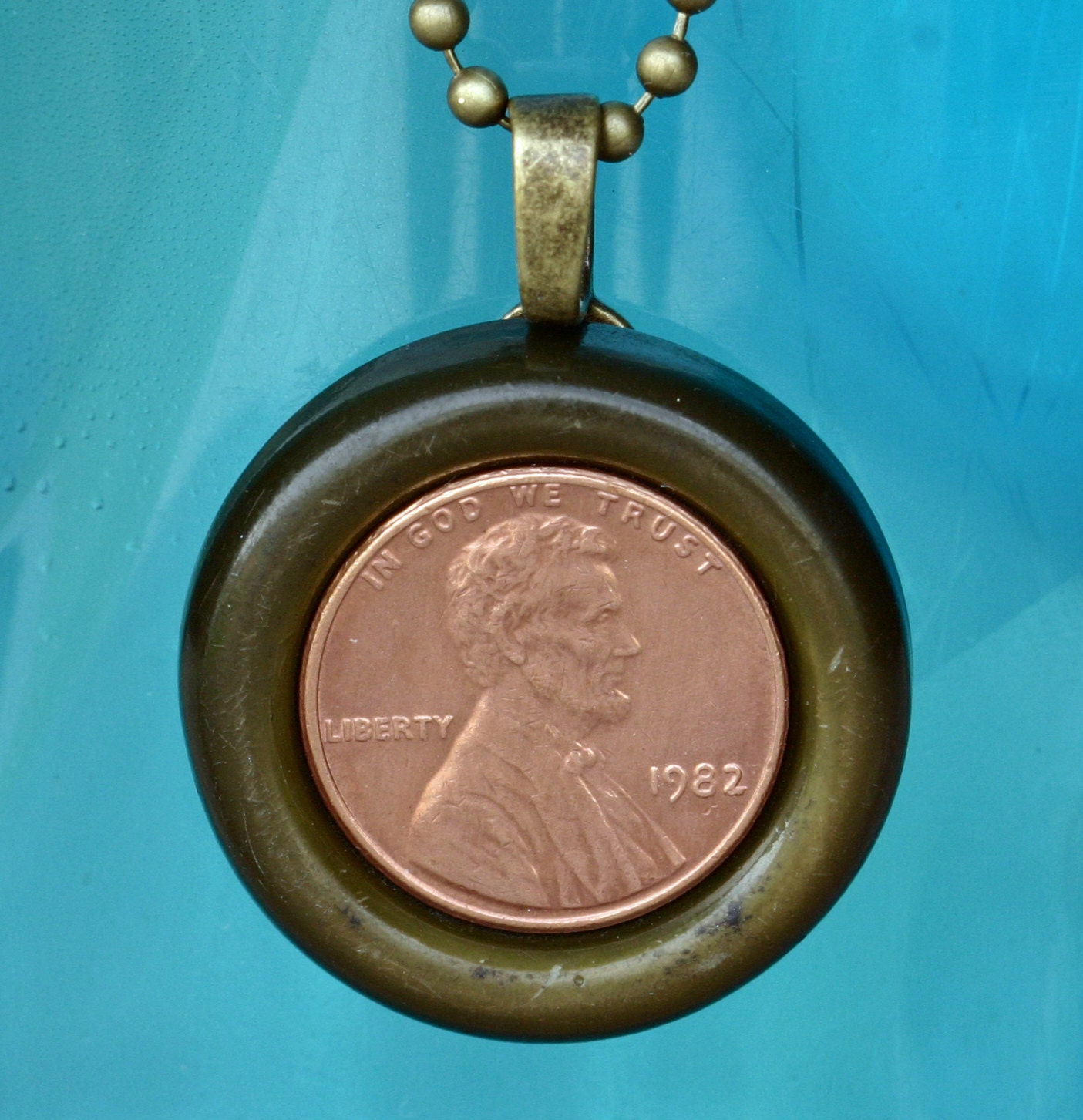 Lucky Penny Button Necklace, vintage button, green, pendant, jewelry, one of a kind, ball chain, brass