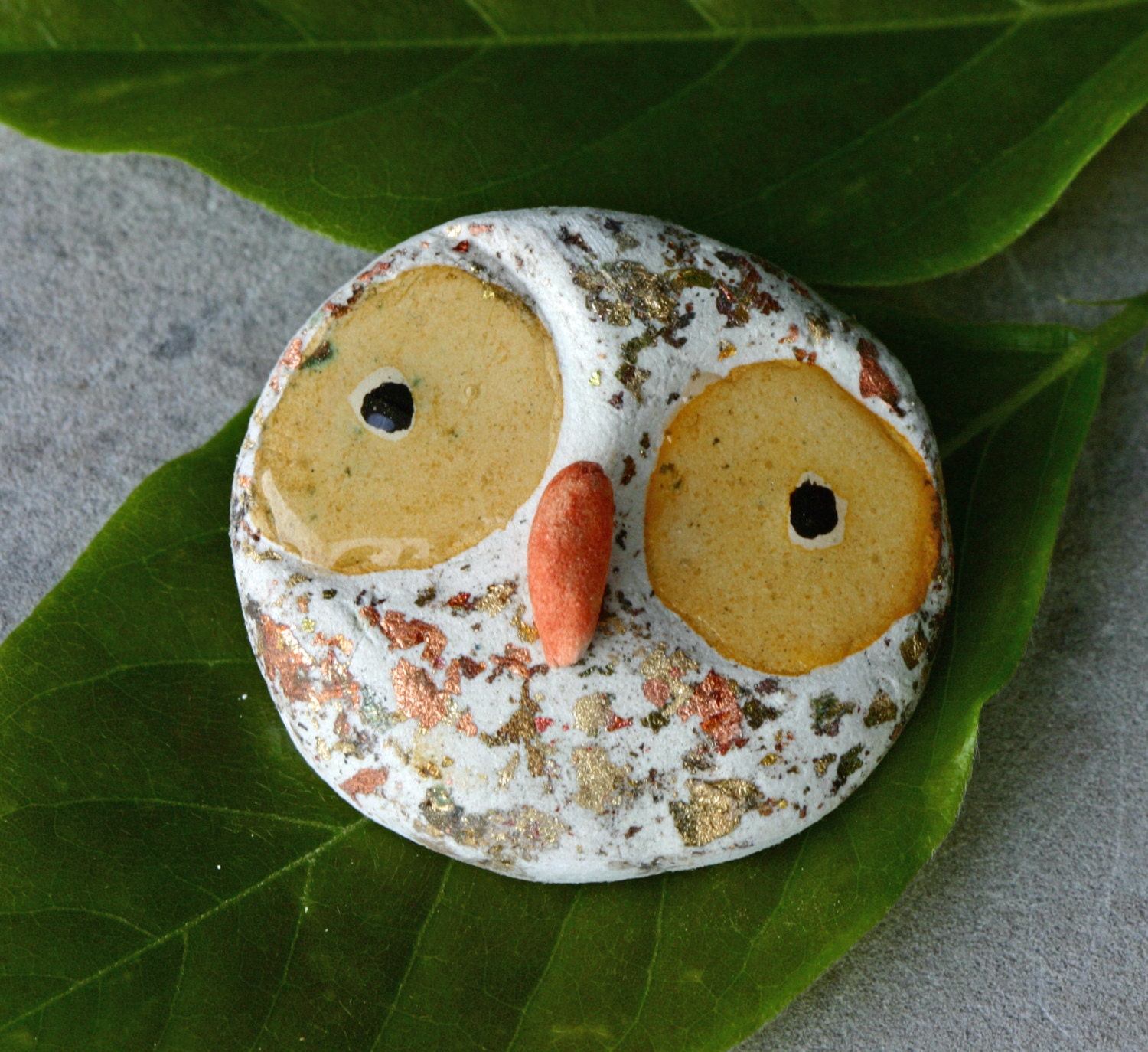 Round Owl brooch, paper clay, gold mica pin, owl face, yellow, bird, whimsical