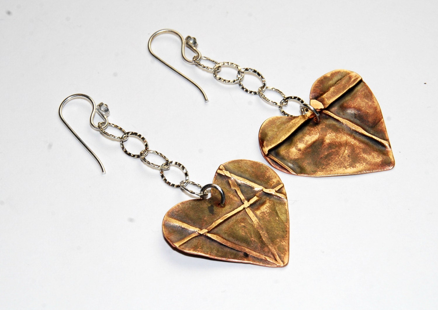Copper Heart Earrings with Sterling Silver - Mixed Metal Earrings - Metalwork - Unique OOAK Jewelry