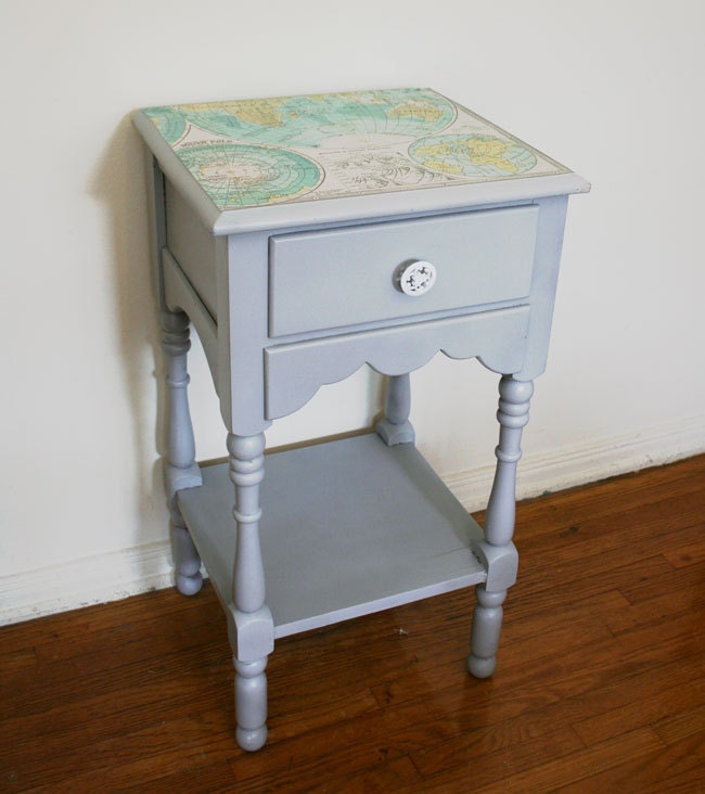 The Cartographer's Tall Nightstand. Vintage Side Table. Wood. Gray Paint. Map Furniture.