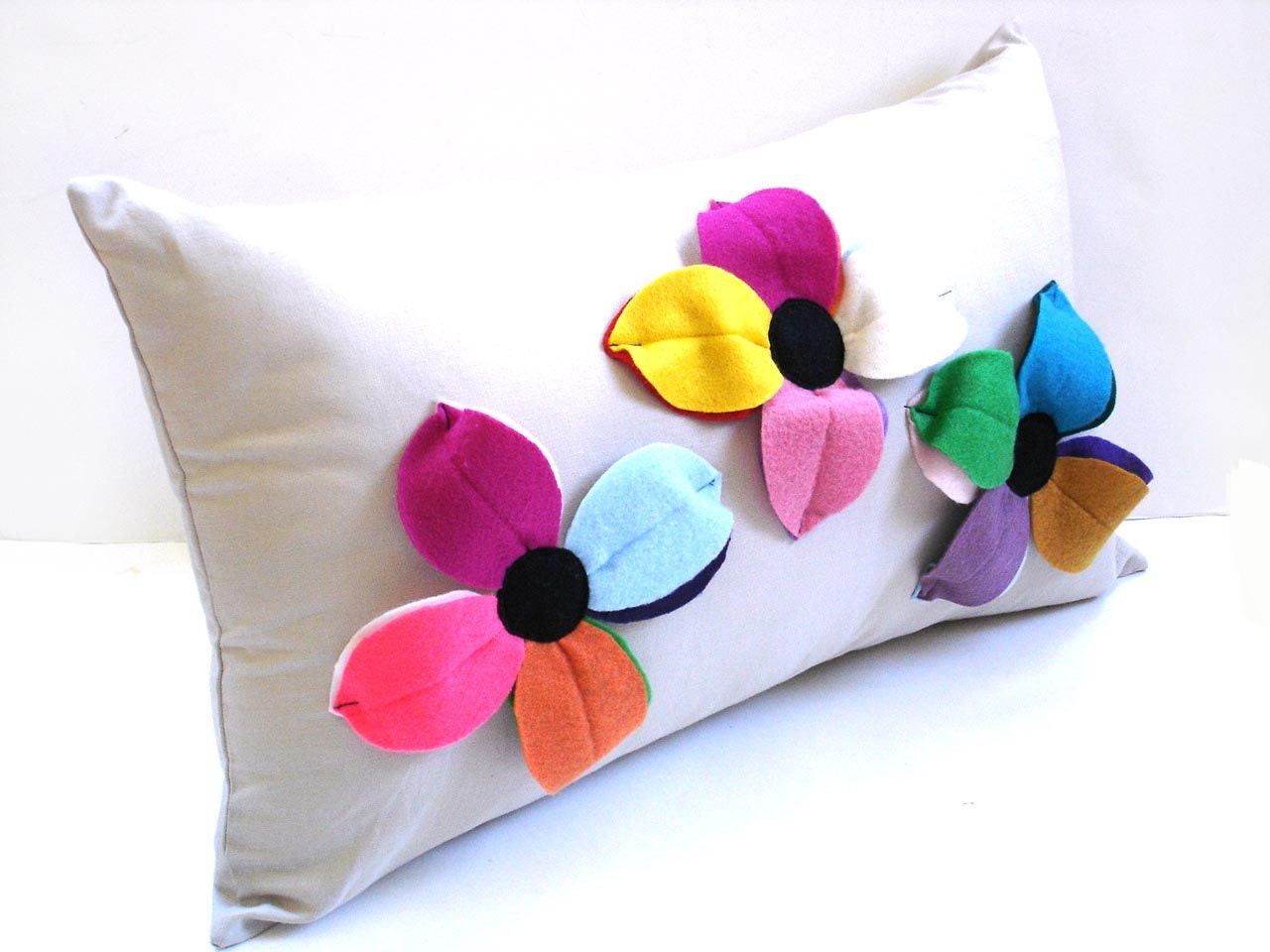 Decorative pillow felt appliqued flowers bright spring girls room decor bolster colorful, complete with insert