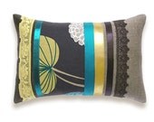 Teal Beige Mustard Chocolate Lumbar Pillow Case OOAK 12 x 18 in IRMA DESIGN