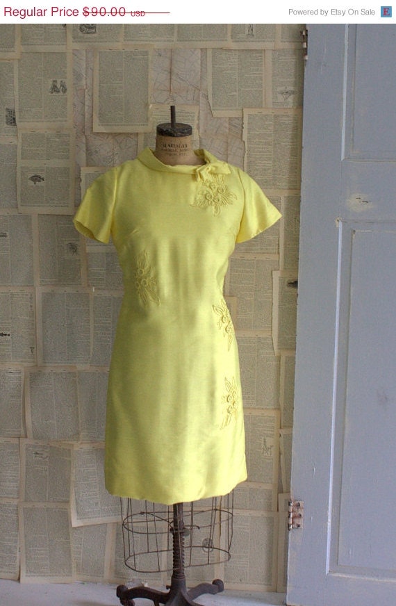 SALE Vintage 1960s Dress 60s Yellow Silk Cocktail Semi Formal Dress Embroidered Beaded Women Size Medium Large