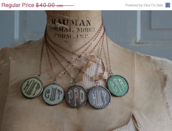 SALE Initial Monogrammed Pendant Necklace Embroidered Initial Pendant Personalized Reversible Vintage Fabric
