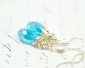 Aqua Blue Drop Earrings, Aquamarine Crystal Drops, Wire Wrapped Swarovski Crystal on Sterling Silver