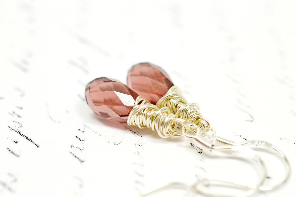 Plum Drop Earrings, Purple Crystal Drops, Wire Wrapped Swarovski Crystal on Sterling Silver
