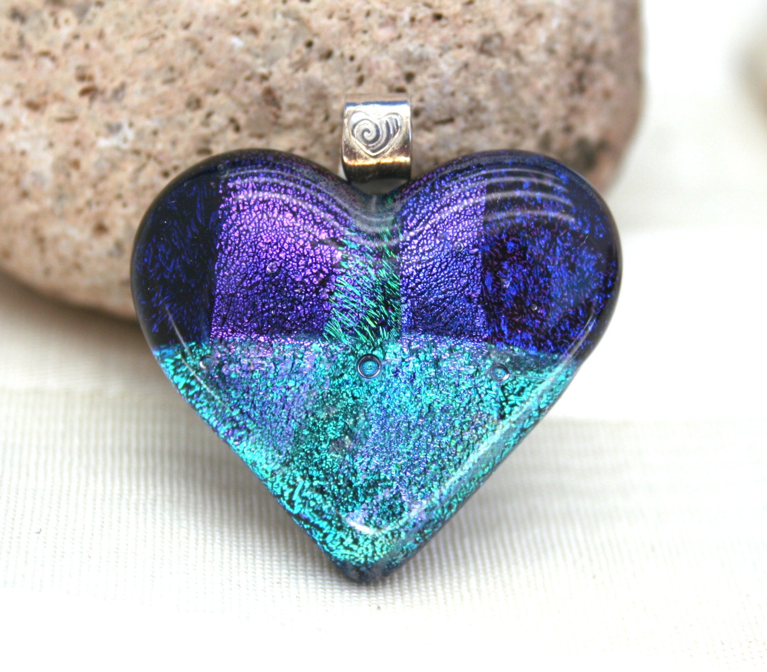 Purple and Turquoise Heart Fused Glass Pendant