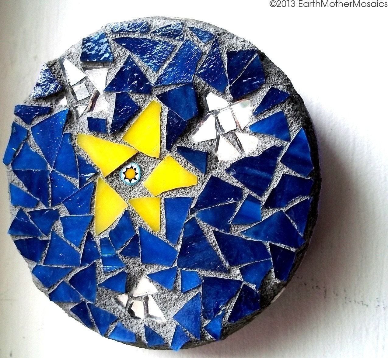 Stained Glass Mosaic: Small Wall Art, Night Sky with Stars, Blue, Yellow, Silver