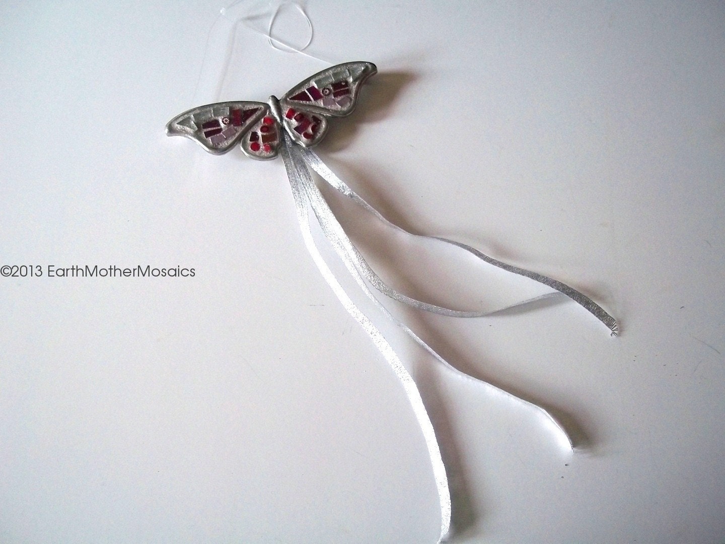 Stained Glass Butterfly Mosaic: Wall Art, Red and Silver Iridescent, Glitter