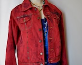 Vintage Denim JACKET - Scarlet Red Hand Dyed Upcycled B Jeans Denim Jacket - Juniors Large (40" chest)