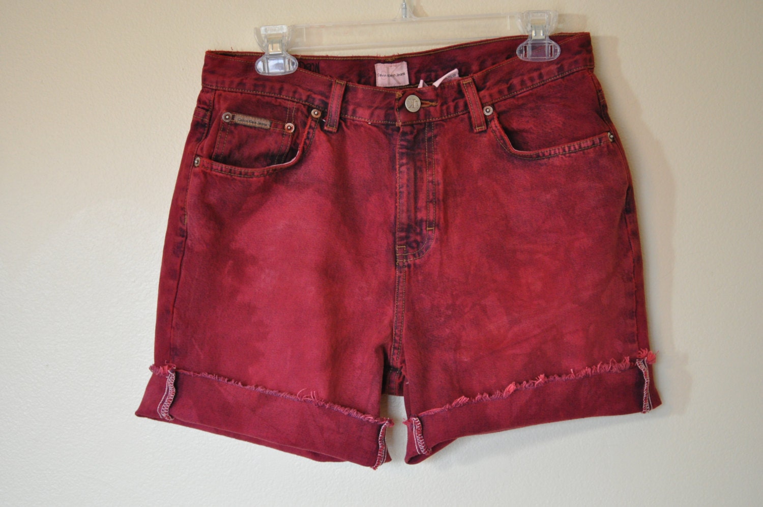Vintage Calvin Klein SHORTS - Hand Dyed Dark Red Wine Urban Style Distressed Dyed Denim Vintage Jean Shorts -  Size 10 (32")