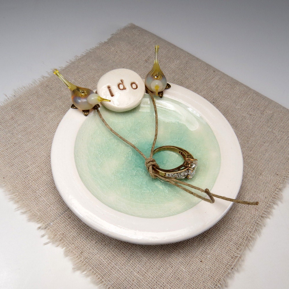 Personalized ring bearer dish, ceramic Wedding ring holder pillow alternative, Shabby chic rustic wedding