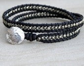 Natural Iron Pyrite Artisan Sterling Silver Leather Wrap Bracelet Bohemian Chic