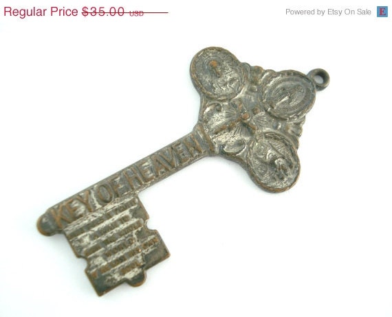 On Sale 25% Off Vintage Key of Heaven - 4 Way Catholic Medal - Skeleton Key Shaped Charm RR42