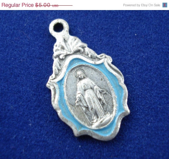 On Sale 25% Off Vintage Blue Enamel Miraculous Medal - Catholic Mary Charm - KK8