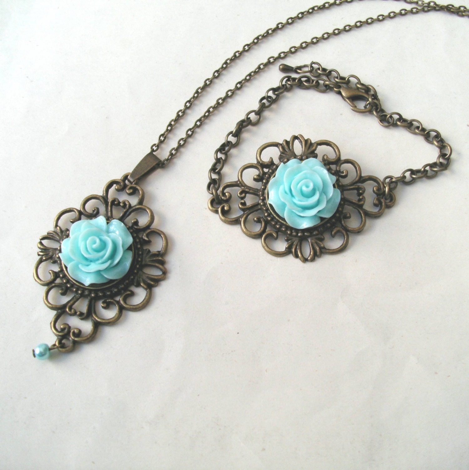 Blue Rose Necklace and Bracelet Set with Blue Pearl Drop, Blue Rose Bracelet, Flower Necklace