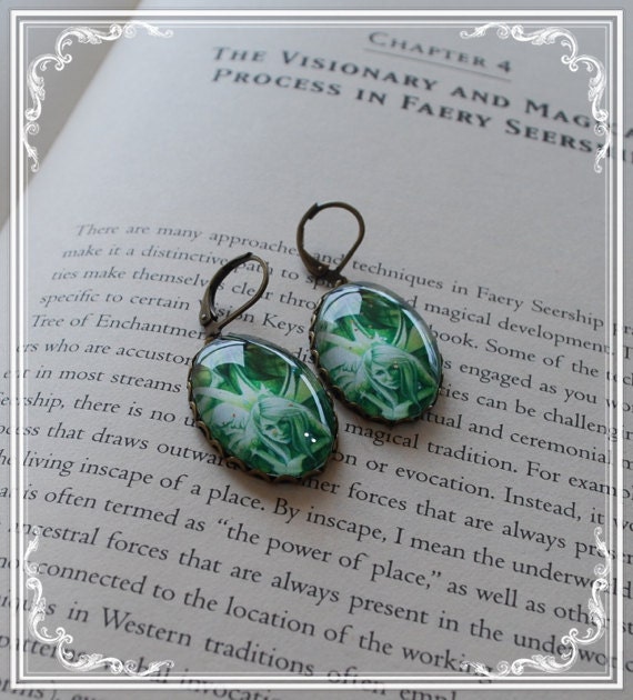 White Faerie Vintage Antique Bronze Earrings - Green Faerie - Fantasy Earrings - Faerie Bride -