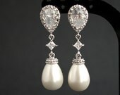 Pearl Jewelry Wedding Jewelry Cubic Zirconia Posts Bridal Earrings White Shell based Pearl Teardrops Pearl Earrings