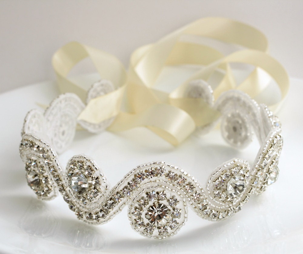 Applique Crystal Bridal Headband Wedding Rhinestone Applique Hair Accessories Bridal Hair Piece White Ribbon