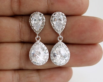 Wedding Jewelry Bridal Earrings Silver Clear Cubic Zirconia Posts Clear Cubic Zirconia Teardrop Earrings Wedding Earrings