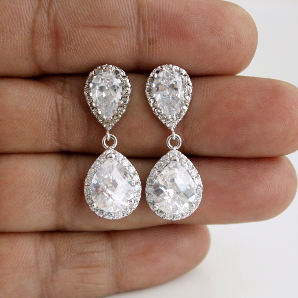Wedding Jewelry Bridal Earrings Silver Clear Cubic Zirconia Posts Clear Cubic Zirconia Teardrop Earrings Wedding Earrings