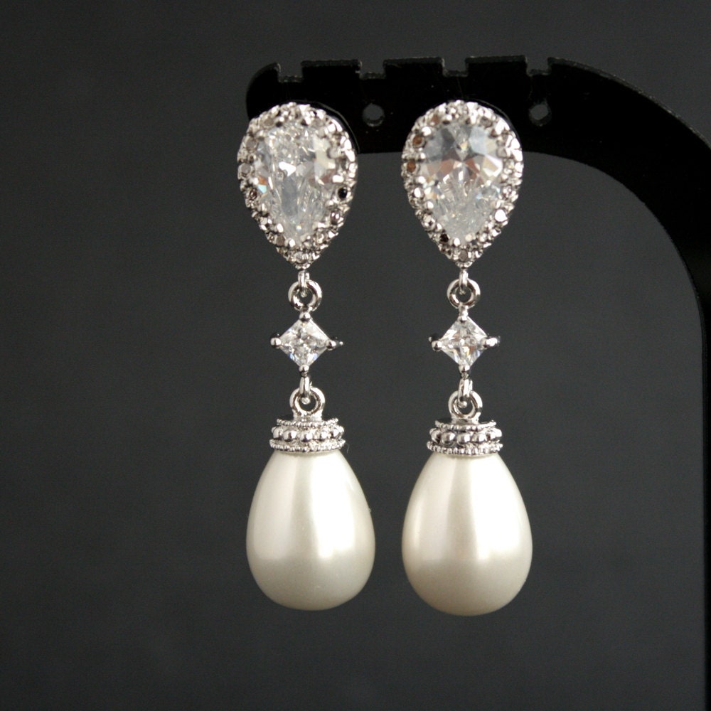 Pearl Jewelry Wedding Jewelry Cubic Zirconia Posts Bridal Earrings White Shell based Pearl Teardrops Pearl Earrings